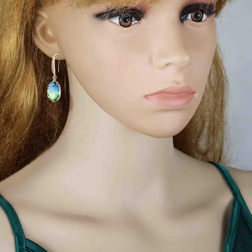 Vista 6 de Aretes colgantes de piedra preciosa de turmalina azul simple, aretes colgantes clásicos de oro brillante con circonita de cristal ovalado, joyería