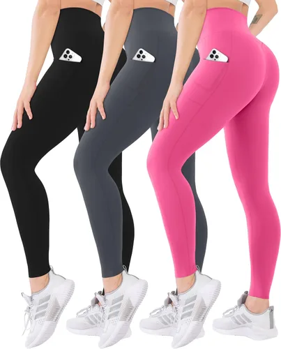 Vista 43 de Blisset - Paquete de 3 leggings de cintura alta para mujer con bolsillos, pantalones suaves y activos para control de abdomen, ideales para yoga