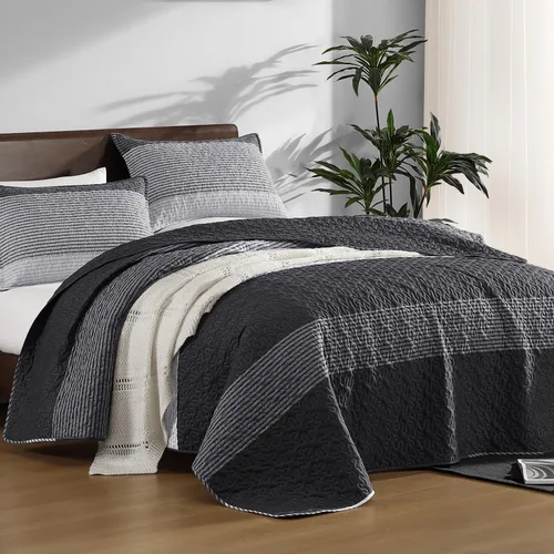 Vista 2 de Litanika Edredón tamaño Queen, juego de ropa de cama de 3 piezas a rayas 01 - Blanco y negro