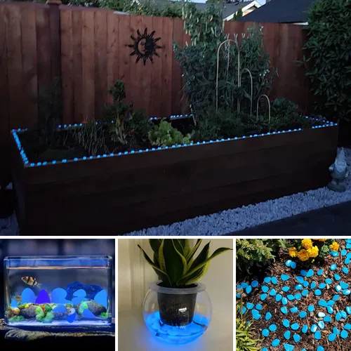 Vista 6 de NAMTSO Rocas que brillan en la oscuridad al aire libre, 200 piezas de rocas solares azules para paisajismo, decoración al aire libre que brillan