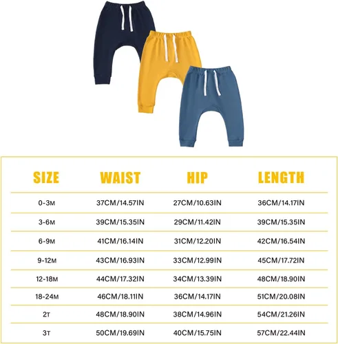 Vista 6 de SOBOWO Paquete de 3 pantalones deportivos para bebé recién nacido, harén de algodón, para niños y niñas, 0-3T entrelazados, 195 GSM