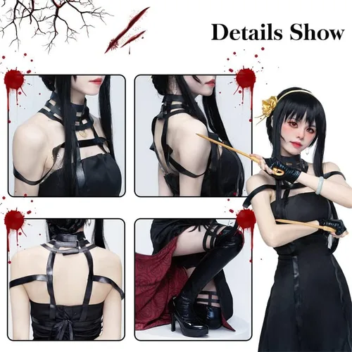 Vista 4 de colarm Yor Forger Cosplay Costume SPY X Family Role-playing Female Killer Gothic Girl Black Dress Uniform with Stockings Set