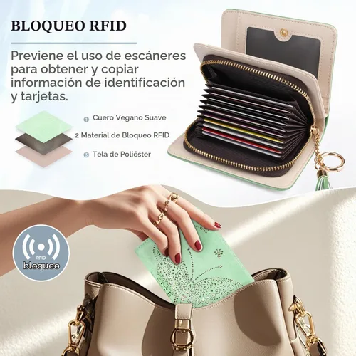 Vista 6 de KITEVIUN Cartera RFID delgada para mujer con doble pliegue, tarjetero con cremallera y monedero, cartera ultradelgada compacta con ventana