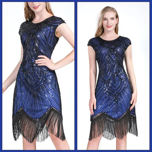 Vista 3 de PLULON 1920s Sequin Beaded Fringed Flapper Dress with 20s Accessories Set