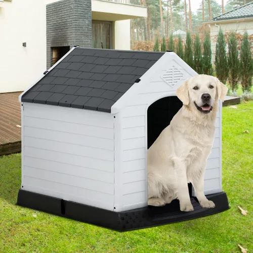 Vista 16 de Casa para perros para interiores y exteriores, impermeable, ventilada, de plástico, jaula de refugio para mascotas con ventilación y suelo elevado