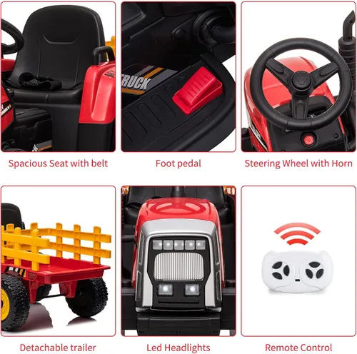 Vista 4 de Tractor eléctrico Nasitip de 12 V con remolque y control remoto Rojo