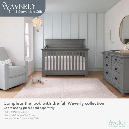 Vista 7 de Evolur Waverly - Cuna convertible de panel completo 5 en 1 en gris rústico, certificado JPMA y Greenguard Gold, fabricada con madera dura seca al