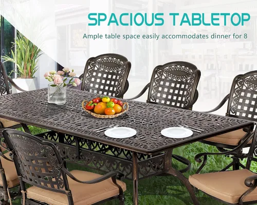 Vista 4 de TITIMO Mesa de comedor de 87 pulgadas, mesa de comedor rectangular de aluminio fundido para exteriores, mesa resistente a la intemperie con agujero