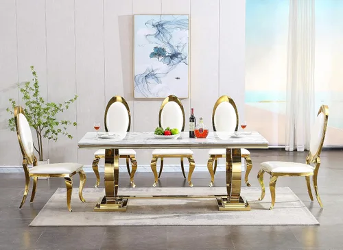 Vista 3 de Juego de mesa de comedor moderno de mármol para 6, sillas de mesa de cocina, juego de 7 piezas con mesa de comedor de imitación de mármol blanco