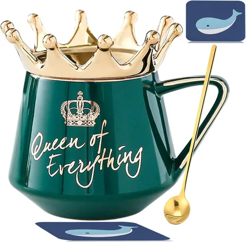 Vista 18 de Arawat Queen of Everything - Taza con tapa, taza negra dulce con corona de café, taza de 12 onzas, regalo con cuchara y posavasos, taza de té