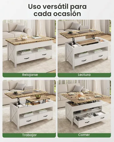 Vista 6 de Marsail Mesa de Centro Elevable de 40", Mesa de Centro 4 en 1 con Compartimento Oculto, 1 Estante Abierto y 2 Cajones, Mesa Central Multifuncional