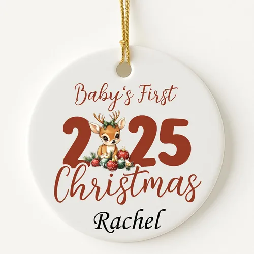 Vista 8 de Adorno personalizado para la primera Navidad del bebé 2025, recuerdo redondo de cerámica con nombre personalizado, decoración de árbol de Navidad