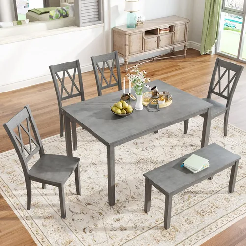 Vista 10 de Juego de mesa de comedor de madera de 6 piezas, juego de mesa de cocina con rectangular, juego de mesa de comedor con banco tapizado y 4 sillas
