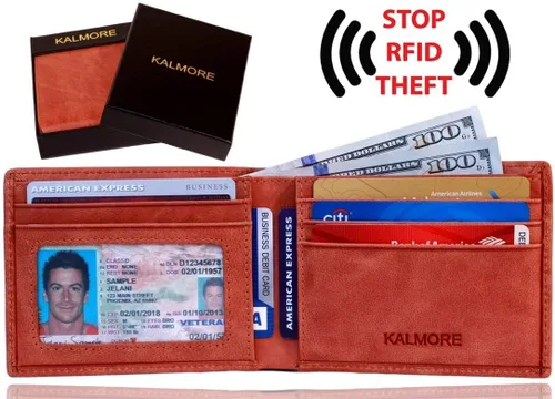 Vista 2 de KALMOR Cartera de bolsillo plegable de cuero para hombre con bloqueo RFID extra delgada con ventana de identificación