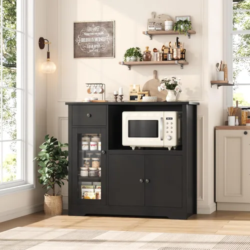 Vista 2 de HORSTORS Gabinete de microondas, gabinete de almacenamiento de cocina Negro