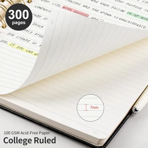 Vista 3 de EMSHOI Cuaderno con espiral de la universidad rayado, 300 páginas numeradas, A4 tapa dura grande de cuero, cuaderno rayado grueso de 100 g/m²