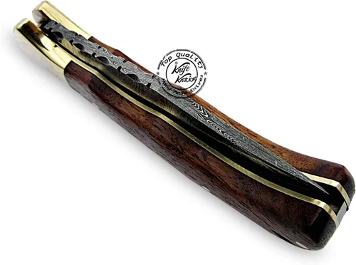Vista 5 de Cuchillo de bolsillo de damasco hecho a mano de madera de rosa, plegable, cuchillo de caza, cuchillos plegables para hombres con mango de madera