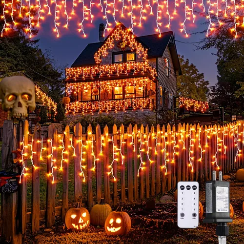 Vista 18 de JMEXSUSS 400 luces LED de Navidad de carámbano de 38.8 pies con control remoto, tira de luces multicolor para exteriores enchufables, 8 modos