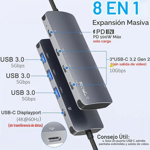 Vista 2 de Hub USB C de 10 Gbps, divisor USB C con pantalla de video de 4K a 60 Hz, carga de entrega de energía de 100 W, adaptador multipuerto USB 4 Hub