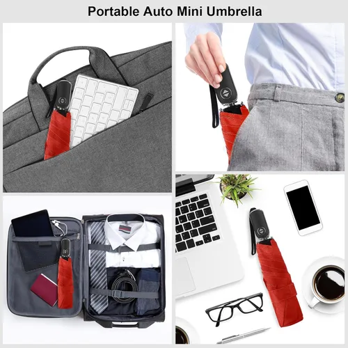 Vista 115 de LEAGERA Paraguas de viaje compacto para bolso, mango plano, impermeable para lluvia ligera