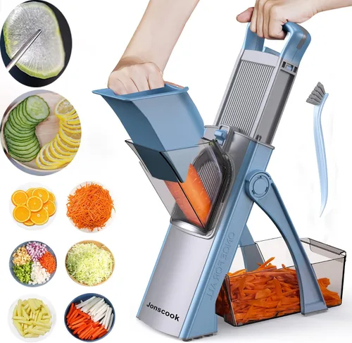 Vista 12 de Jonscook Rebanador de mandolina todo en uno seguro para cocina, picador de alimentos con contenedor, cortador de verduras con grosor ajustable