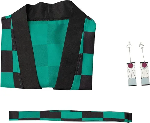Vista 6 de Duwseal Kamado Tanjirou - Conjunto de bata para cosplay, kimono, chaqueta y aretes