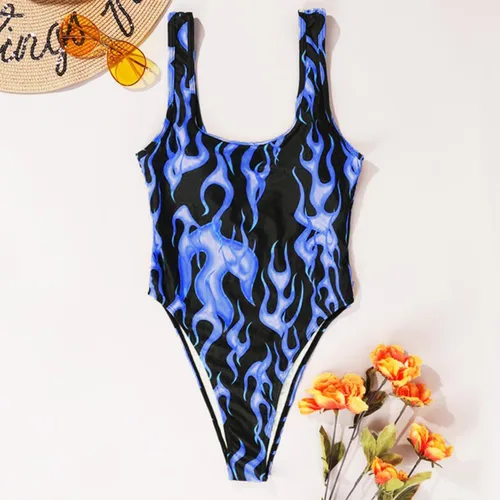 Vista 5 de Traje de baño de una pieza con estampado de llama para mujer, traje de baño de corte alto, bikini traje de baño para rave