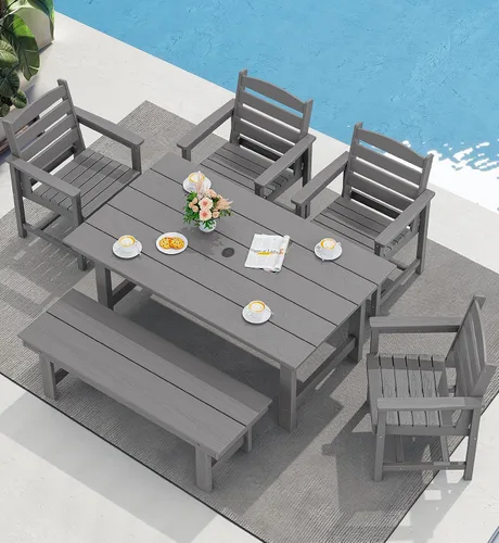 Vista 41 de SERWALL Juego de mesa de comedor de 7 piezas, muebles de comedor de polietileno de alta densidad para exteriores con agujero para paraguas y 6 Negro