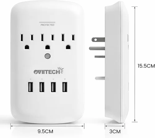 Vista 3 de Oviitech Adaptador de Montaje en Pared Multi Toma de Corriente con Protector Contra Picos de Corriente y 4 (4.2 AMP) Puertos USB de Carga, 3 Tomas
