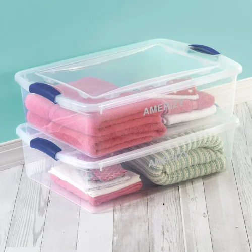 Vista 5 de Contenedor de almacenamiento de plástico para debajo de la cama de 32 cuartos de galón con tapa de pestillo, contenedor apilable transparente