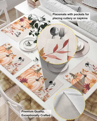 Vista 2 de Juego de 4 manteles individuales de mesa de calabaza rosa para mesa de comedor, tela de lino de algodón con bolsillo, arpillera cuadrada