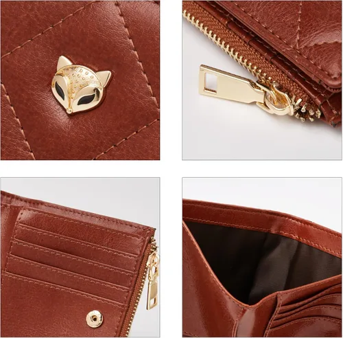 Vista 5 de FOXLOVER RFID pequeño cuero genuino titulares de tarjetas de crédito cartera para mujeres, señoras lindo cuero de vaca tarjeta caso, marrón