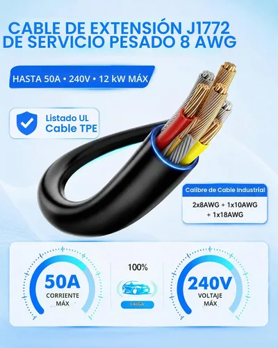 Vista 4 de Cable de extensión WenStorm 50A 30 pies J1772 EV, cable de extensión de cargador EV de nivel 2, cable de extensión EV de 240V de servicio pesado