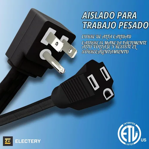 Vista 6 de Cable de extensión resistente de 3 pies, 14 AWG, 15 A, 125 V, 1875 W, enchufe plano de 3 puntas, certificación ETL, cable de extensión