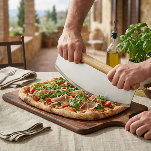 Vista 4 de Cuchillo mecedor profesional de acero inoxidable de 14 pulgadas, cortador de hoja de mango de madera con cubierta cómoda, rebanador de pizza