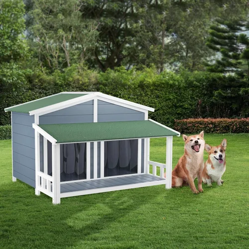 Vista 7 de Ritsu Casa para perros de 47.2 pulgadas, resistente al agua, casa de madera para perros para exteriores e interiores, estilo cabaña de troncos
