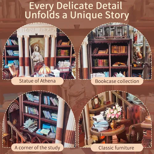 Vista 4 de BELEEV Kit de rincón de libros – Librero de madera en miniatura con luces LED, puerta que se puede abrir, rompecabezas 3D, decoración de estantería