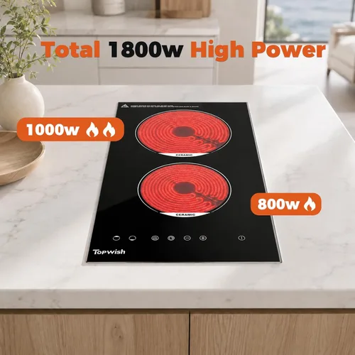 Vista 4 de Placa eléctrica de 2 quemadores, estufa de cerámica integrada de 12 pulgadas, estufa eléctrica de 120 V con bloqueo para niños, temporizador