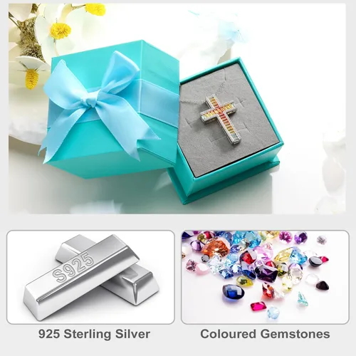 Vista 5 de RANDES Collar de plata de ley 925 con cruz grande para mujer, colgante de piedra de cristal colorido