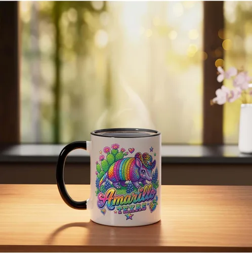 Vista 3 de Amarillo Texas Rainbow Armadillo Cowboy 80s Retro Souvenir Ceramic Mug, Black/White