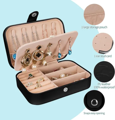 Vista 2 de Joyero organizador, 2 capas de poliuretano organizador de joyas de viaje, caja de joyería portátil para niñas y mujeres, caja de almacenamiento