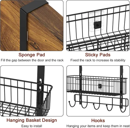 Vista 6 de YBING Organizador Sobre Puerta con Ganchos 3 Niveles Toallero Trasero Cestas de Metal Estantes de Almacenamiento Colgante para Dormitorio Baño Negro