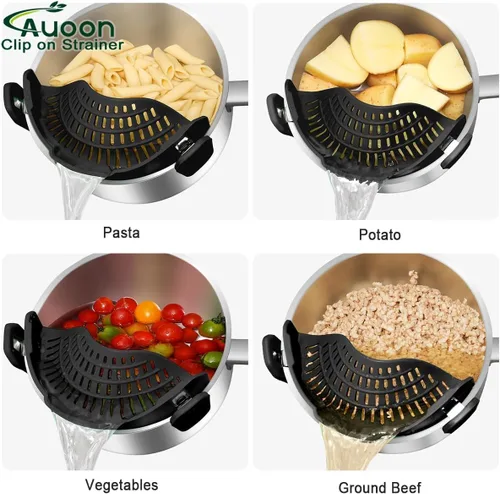 Vista 4 de AUOON - Colador con clip para todas las ollas, colador de silicona para pasta, colador de cocina para drenar fideos, grasa de carne molida