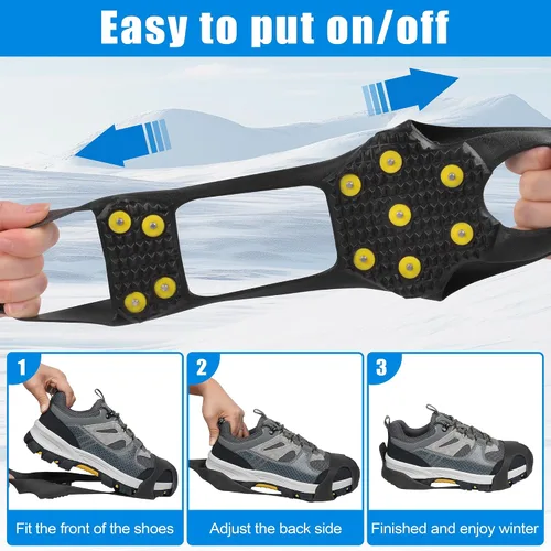 Vista 5 de Tacos de hielo, crampones de nieve, tracción para caminar para zapatos y botas, 11 tachuelas antideslizantes de goma de hielo para caminar, calzado