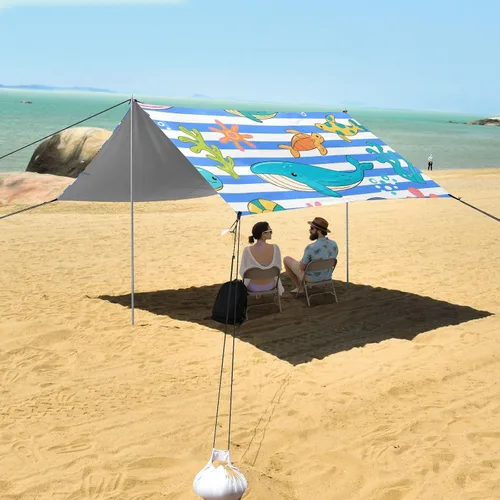 Vista 7 de Blue White Striped sea Animal Beach Cabana Tent UPF50+ Protection Water-Resistant Large Sun Shelter with Sandbags and Shovel for Camping, Picnics