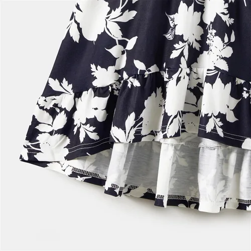 Vista 6 de PATPAT Conjunto de vestidos familiares a juego para madre e hija con estampado floral y puños con volantes y camisetas de manga corta