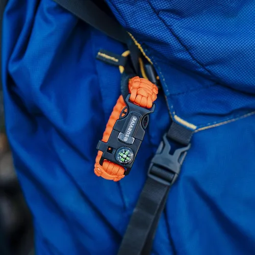 Vista 7 de SURVIVE Pulsera paracord, paquete de 2, kit de supervivencia para emergencias de senderismo, encendedor, brújula, silbato, 3 tamaños de muñeca negro