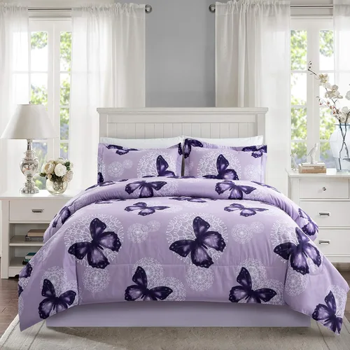 Vista 7 de ARTALL Juego de edredón de microfibra ligera de 3 piezas con 2 fundas de almohada, juego de ropa de cama con patrón de mariposa, matrimonial/queen