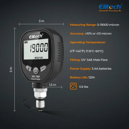 Vista 4 de Elitech Medidor de vacío digital HVAC Micron Gauge 0-19000 Micron Medidor de vacío refrigerante 1/4" SAE, VG-760