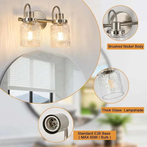 Vista 5 de 2 luces de tocador de baño, lámparas de baño de níquel cepillado con pantalla de vidrio martillado para tocador, sobre espejo, pasillo